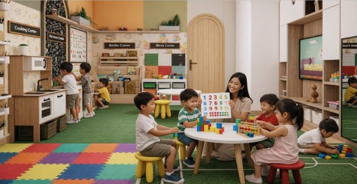 Guru dan anak-anak berinteraksi dalam proses belajar dan bermain di kelas playgroup pada lantai satu.