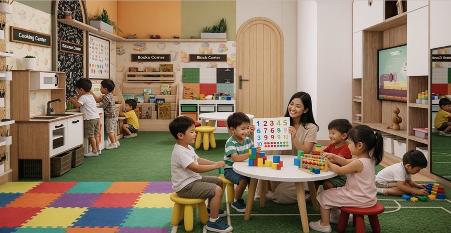Guru dan anak-anak berinteraksi dalam proses belajar dan bermain di kelas playgroup pada lantai satu.