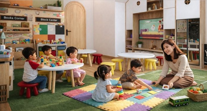 Aktivitas belajar dan bermain yang menyenangkan di kelas playgroup.